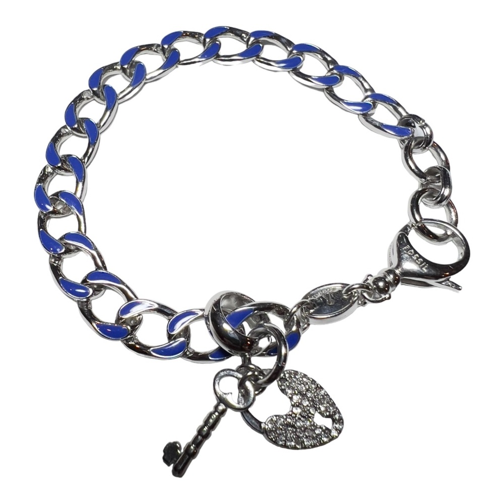 FOSSIL Bracelet Silver tone & Blue Curb Chain Crystal Heart Keyhole & Key Charms - Picture 1 of 4